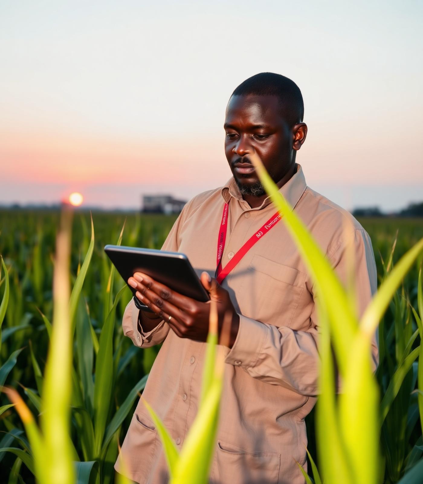 Evergreen Planet agronomist inspecting a maize field at sunrise.
