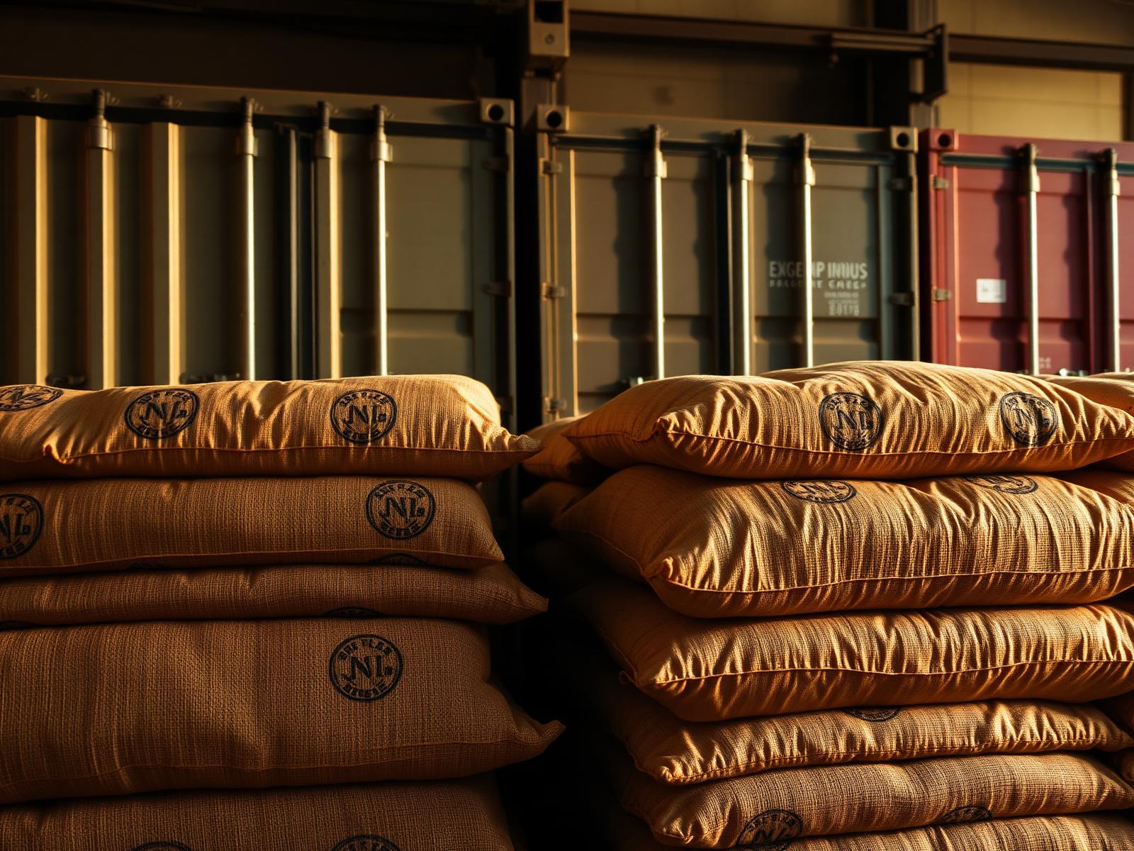 Burlap sacks of Nigerian export commodities stacked near shipping containers.