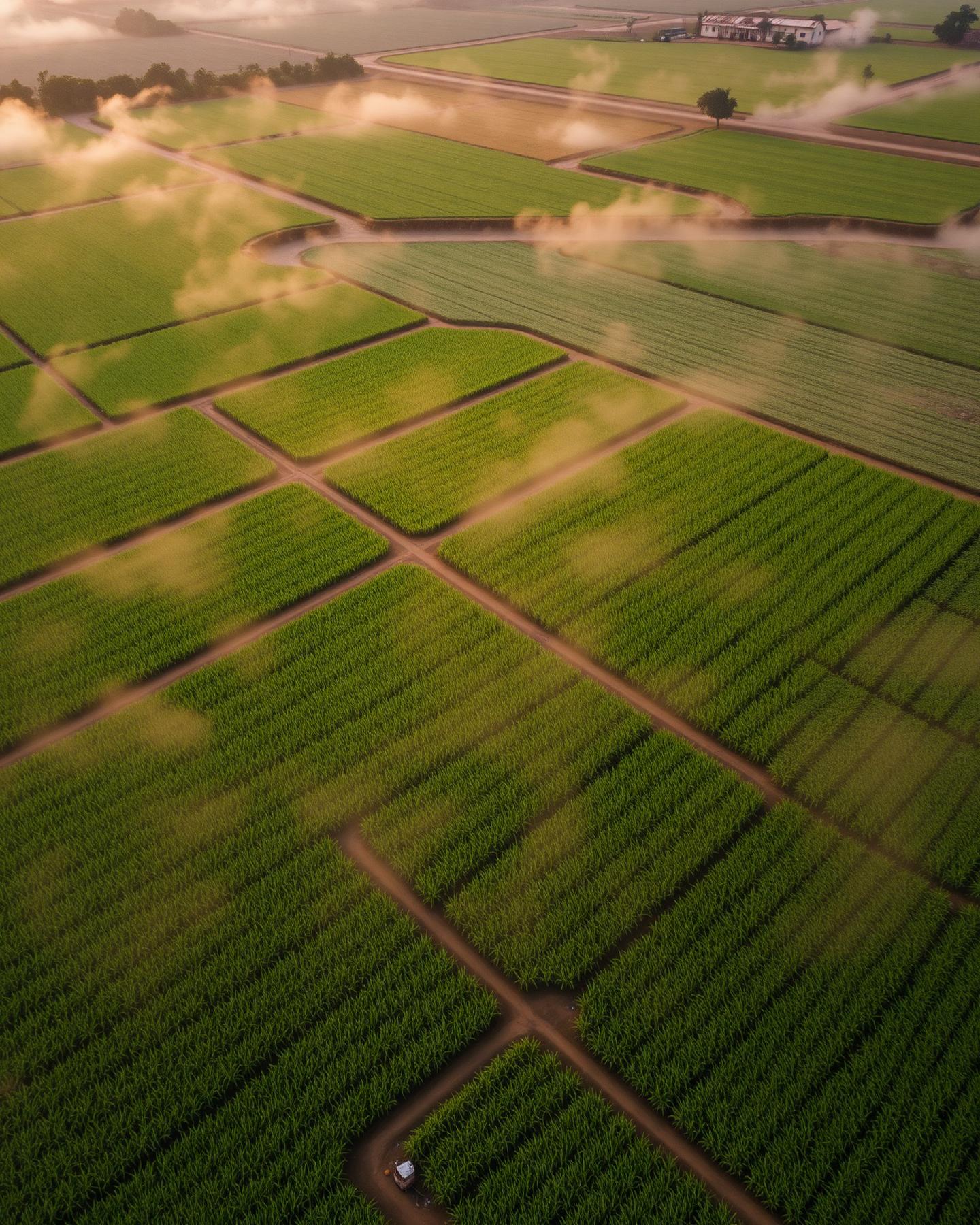 Aerial view of an Evergreen Planet farm in Nigeria at golden hour.